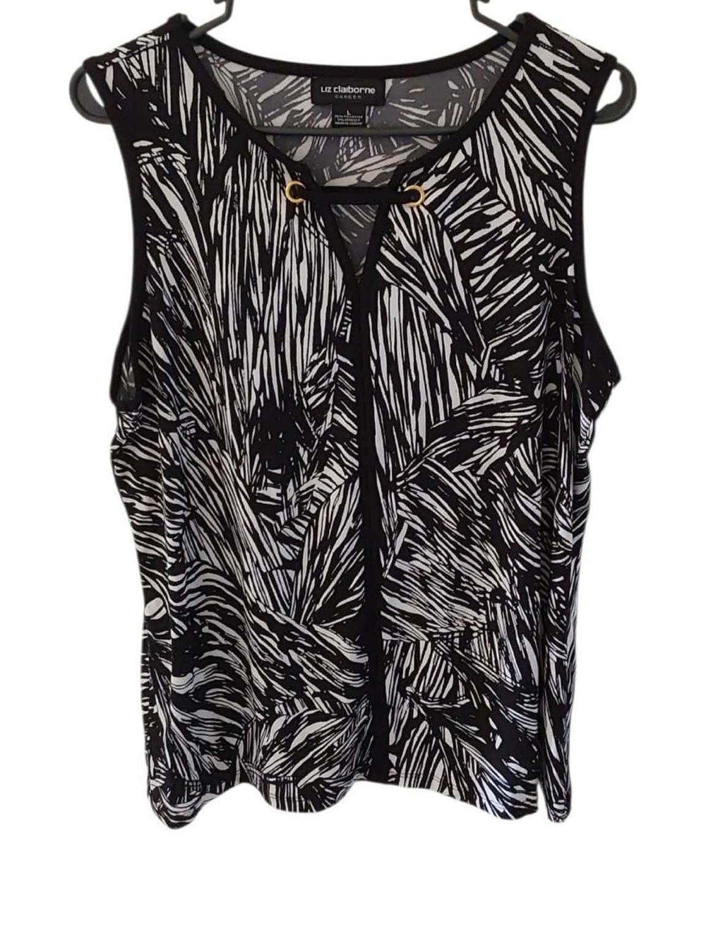 Liz Claiborne Black and White Sleeveless V-Neck Tank with Grommet Detail Size L